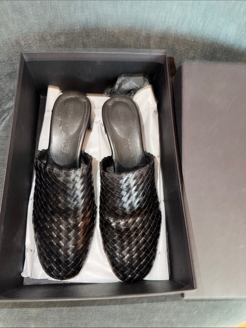 Freda Salvador Black Woven Leather Mule Slides